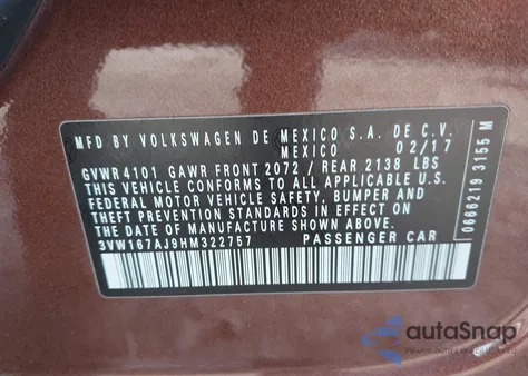 2017 Volkswagen Jetta 1.4T S из США, поврежденный, VIN 3VW167AJ9HM322757